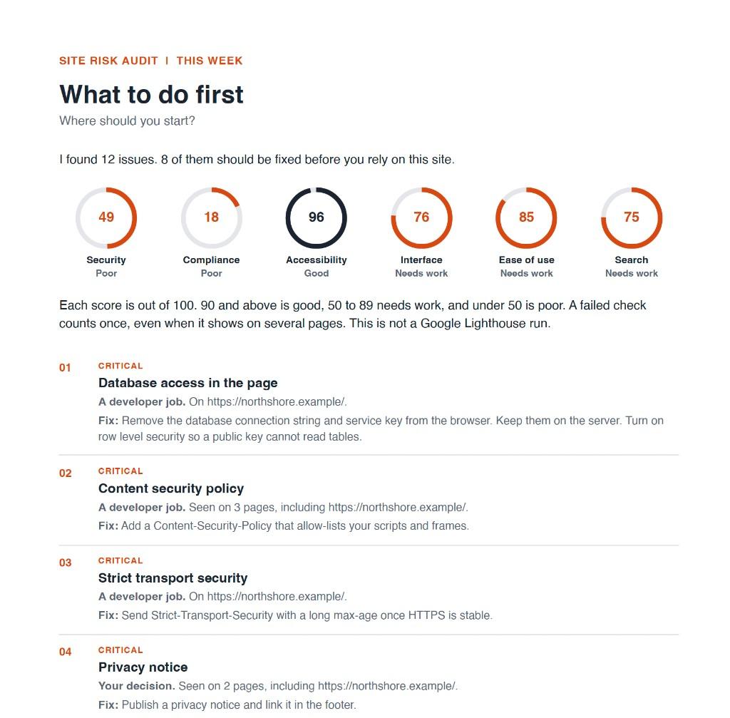 Sample page from a Site Risk Audit report, with issues ranked by severity